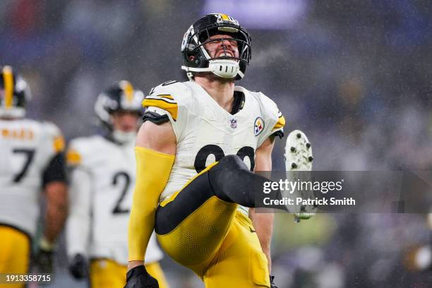 Watt of the Pittsburgh Steelers reacts after a sack in the third quarter of a game against the Baltimore Ravens at M&T Bank Stadium on January 06,...
