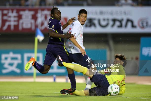 Peter Utaka of Sanfrecce Hiroshima scores the team's first goal past Seigo Narazaki of Nagoya Grampus during the J.League J1 second stage match...