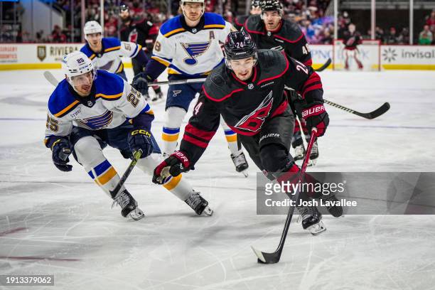 Seth Jarvis of the Carolina Hurricanes skates during the first period against the St. Louis Blues at PNC Arena on January 06, 2024 in Raleigh, North...