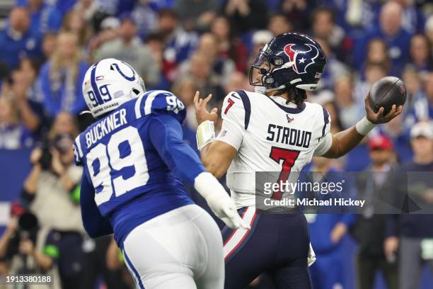 Stroud of the Houston Texans throws a touchdown pass during the first quarter against the Indianapolis Colts at Lucas Oil Stadium on January 06, 2024...