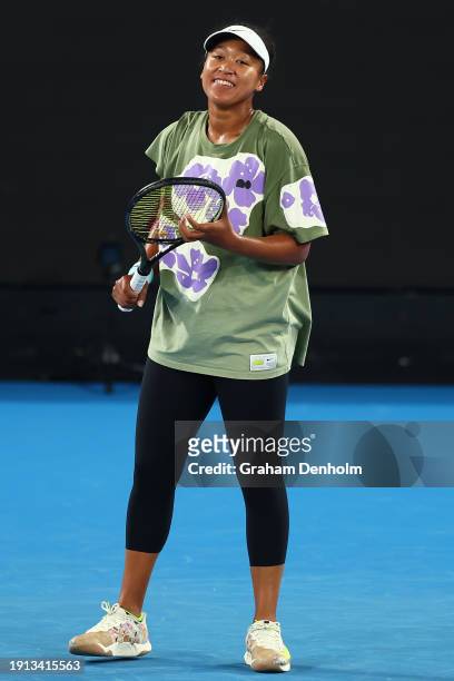 Naomi Osaka of Japan smiles during a training session ahead of the 2024 Australian Open at Melbourne Park on January 07, 2024 in Melbourne, Australia.