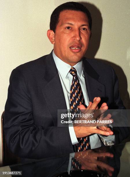 Venezuelan presidential candiate Hugo Chavez Frias speaks at a press conferensce in Caracas. "Soy un soldado comprometido con un pueblo" se auto...