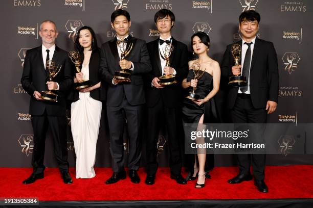 Andy Hall, Nadia Tzuo, Gryun Kim, Min Shi, Jun Kim and Xiaolin Zeng pose with the Oustanding Main Title Design award during the 2024 Creative Arts...