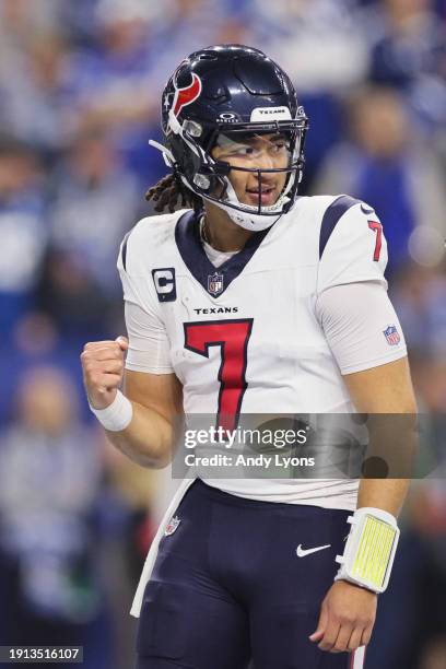 Stroud of the Houston Texans celebrates a touchdown pass during the second quarter against the Indianapolis Colts at Lucas Oil Stadium on January 06,...
