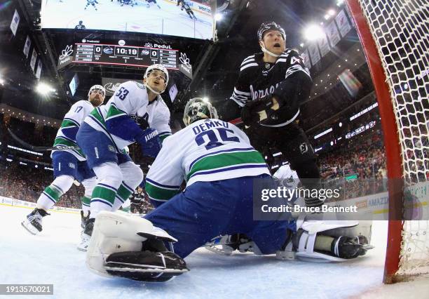 Thatcher Demko of the Vancouver Canucks defends the net against the New Jersey Devils at Prudential Center on January 06, 2024 in Newark, New Jersey....