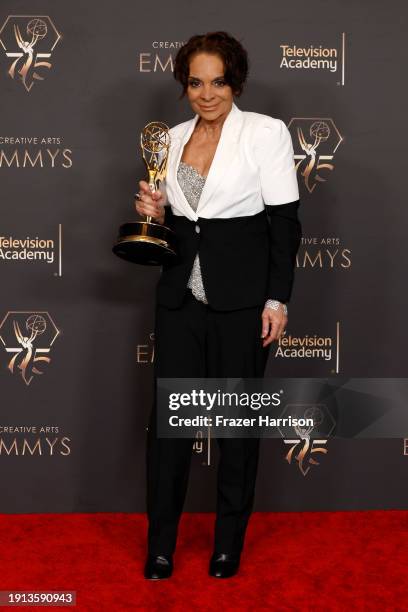 Jasmine Guy poses with the Outstanding Actress in a Short Form Comedy or Drama Series award during the 2024 Creative Arts Emmys at Peacock Theater on...