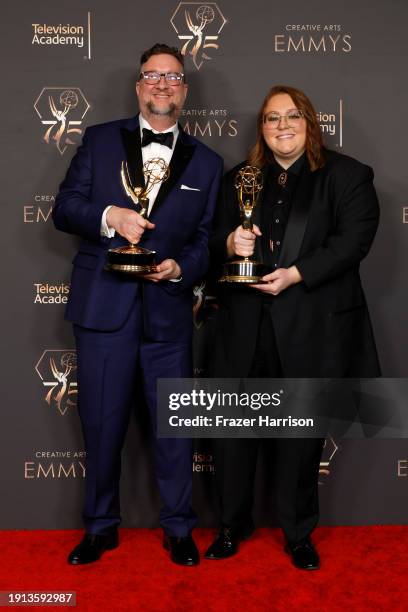 Timothy A. Good and Emily Mendez pose with the Outstanding Picture Editing for a Drama Series award during the 2024 Creative Arts Emmys at Peacock...