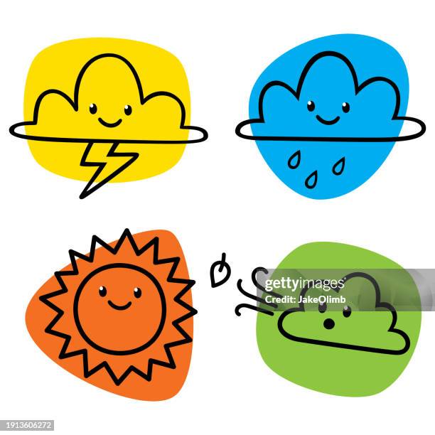 cute weather doodle set - windy rainy weather stock illustrations