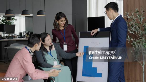 engagement between a diverse and inclusive asian business team - colleague engagement stock pictures, royalty-free photos & images