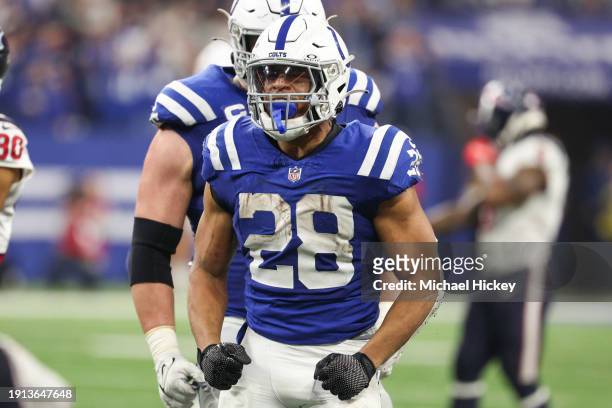 Jonathan Taylor of the Indianapolis Colts reacts during the fourth quarter against the Houston Texans at Lucas Oil Stadium on January 06, 2024 in...
