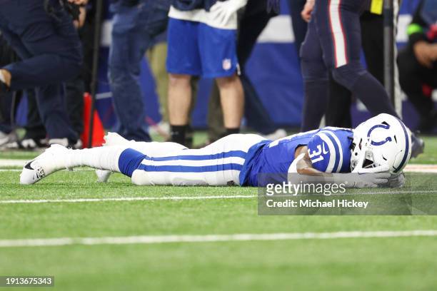 Tyler Goodson of the Indianapolis Colts reacts after dropping a pass during the fourth quarter against the Houston Texans at Lucas Oil Stadium on...