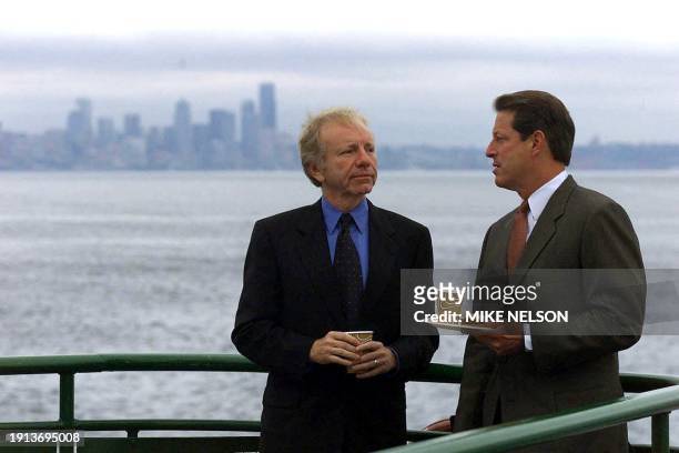 Democratic presidential candidate Al Gore and his running mate Joe Lieberman speak aboard the ferry boat Wenatchee that runs between Seattle,...
