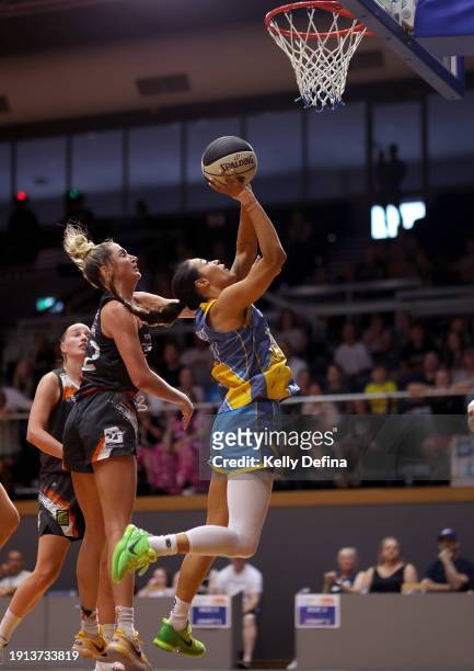 Alex Wilson of the Spirit drives to the basket during the WNBL match between Bendigo Spirit and Townsville Fire at Geelong Arena, on January 07 in...