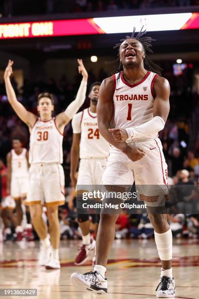 Isaiah Collier of the USC Trojans celebrates his shot in the second half against the Stanford Cardinal at Galen Center on January 06, 2024 in Los...