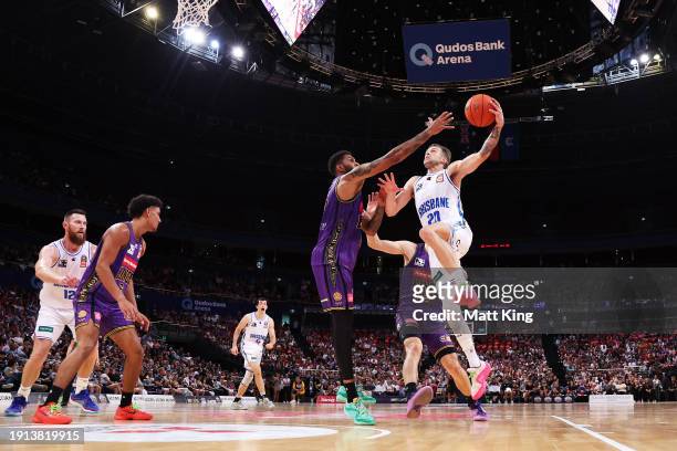 Nathan Sobey of the Bullets drives to the basket during the round 14 NBL match between Sydney Kings and Brisbane Bullets at Qudos Bank Arena, on...