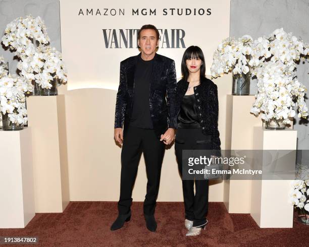 Nicolas Cage and Riko Shibata attend the Vanity Fair and Amazon MGM Studios awards season celebration at Bar Marmont on January 06, 2024 in Los...