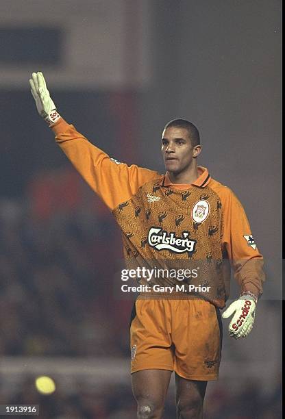 David James of Liverpool gives signals to his defence during the Premier League match against Arsenal at Highbury. Liverpool won 2-1. \ Mandatory...