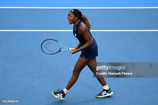 Coco Gauff of USA celebrates winning the Women's singles final match against Elina Svitolina of Ukraine during the 2024 Women's ASB Classic at ASB...