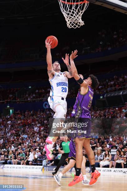 Nathan Sobey of the Bullets drives to the basket during the round 14 NBL match between Sydney Kings and Brisbane Bullets at Qudos Bank Arena, on...