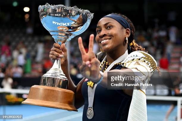 Coco Gauff of USA celebrates with the trophy after winning the Women's singles final match against Elina Svitolina of Ukraine during the 2024 Women's...