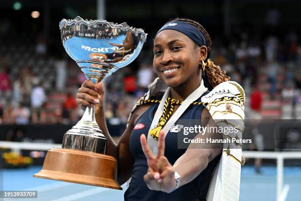 Coco Gauff of USA celebrates with the trophy after winning the Women's singles final match against Elina Svitolina of Ukraine during the 2024 Women's...