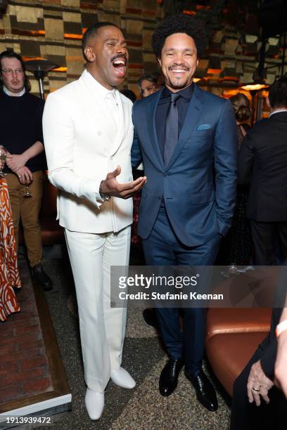Colman Domingo and Trevor Noah attend the Vanity Fair and Amazon MGM Studios awards season celebration at Bar Marmont on January 06, 2024 in Los...