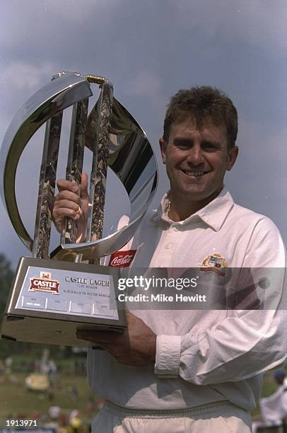 Captain of Australia Mark Taylor lifts the trophy after winnig the series at third test match held at Centurion Park in Pretoria, South Africa. \...
