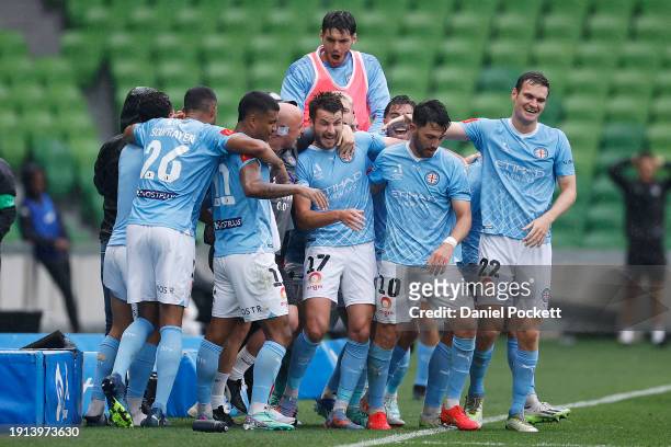 Terry Antonis of Melbourne City celebrates kicking a goal during the A-League Men round 11 match between Western United and Melbourne City at AAMI...