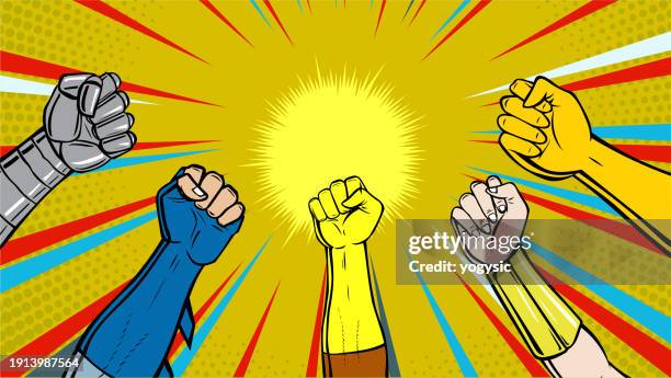 stockillustraties, clipart, cartoons en iconen met vector pop art superhero fists up in the air stock illustration - superheld