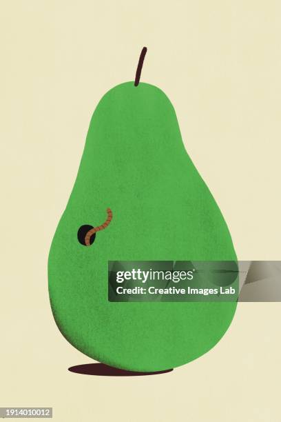 playful illustration of a green pear with a cute worm - wurm stock-fotos und bilder