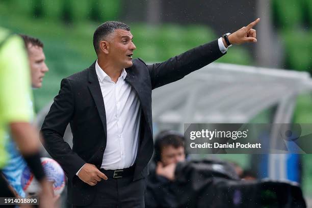 Western United head coach John Aloisi gestures during the A-League Men round 11 match between Western United and Melbourne City at AAMI Park, on...