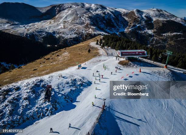 Dry scrubland alongside a run at La Molina ski resort in Girona, Spain, on Tuesday, Jan. 9, 2024. Europe has been hard hit by climate change-fueled...