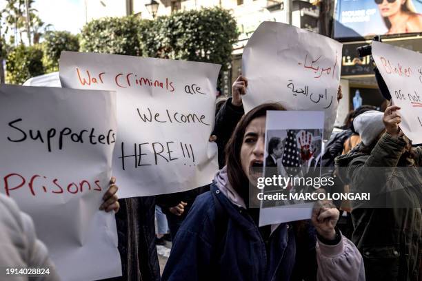 Palestinians protest against US Secretary of State Antony Blinken's visit in Ramallah, in the Israeli-occupied West Bank on January 10, 2024. As the...