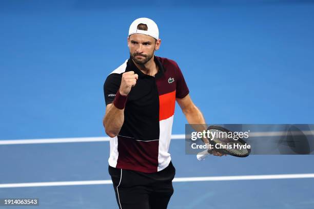 Grigor Dimitrov of Bulgaria celebrates set point in his final match against Holger Rune of Denmark during day eight of the 2024 Brisbane...