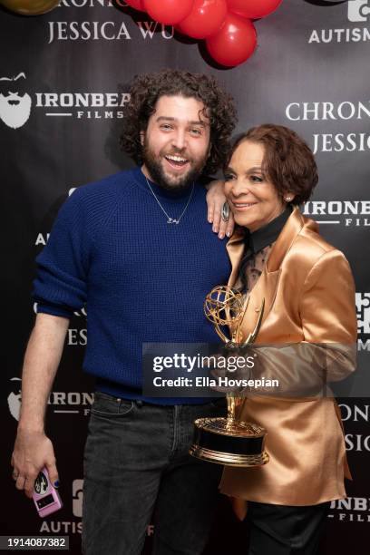 Jasmine Guy and guest pose on the red carpet celebrating her Emmy win at The Bixby + Barlow Building on January 06, 2024 in Los Angeles, California.