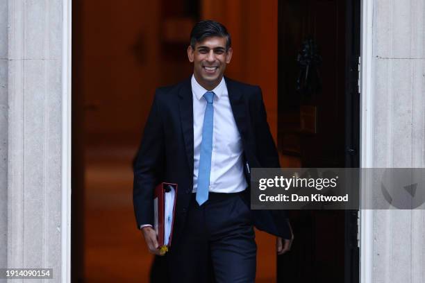 Prime Minister Rishi Sunak leaves 10 Downing Street for Prime Minister's Questions on January 10, 2024 in London, England.