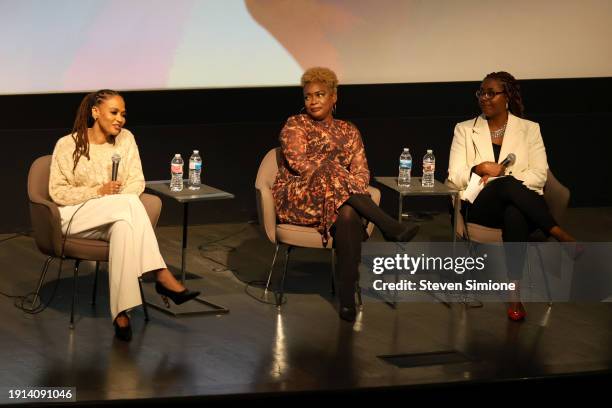 Ava DuVernay, Aunjanue Ellis-Taylor and Dr. Kenya Davis speak onstage during an advanced special screening and Q&A for Ava DuVernay's new film...