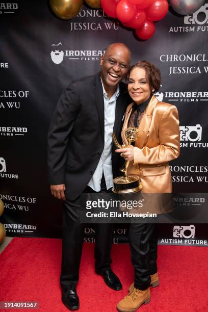Jasmine Guy and guest pose on the red carpet celebrating her Emmy win at The Bixby + Barlow Building on January 06, 2024 in Los Angeles, California.