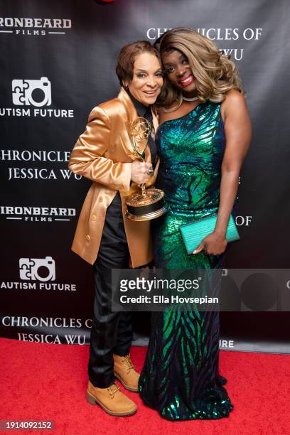 Jasmine Guy and Nimi Adokiye pose on the red carpet celebrating Jasmine Guy's Emmy win at The Bixby + Barlow Building on January 06, 2024 in Los...