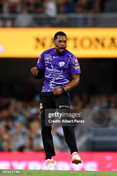 Chris Jordan of the Hurricanes celebrates dismissing Matthew Renshaw of the Heat during the BBL match between Brisbane Heat and Hobart Hurricanes at...