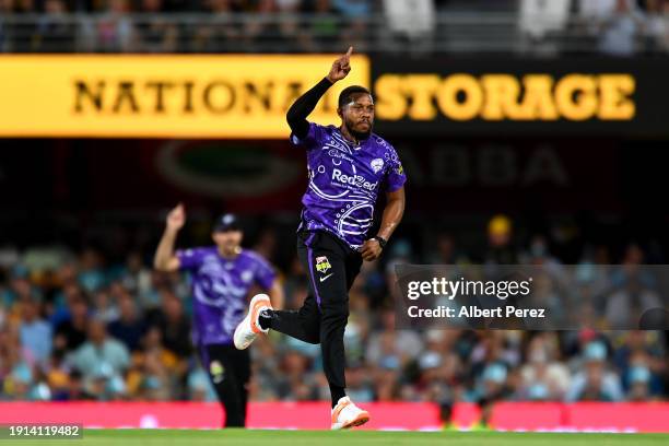 Chris Jordan of the Hurricanes celebrates dismissing Matthew Renshaw of the Heat during the BBL match between Brisbane Heat and Hobart Hurricanes at...