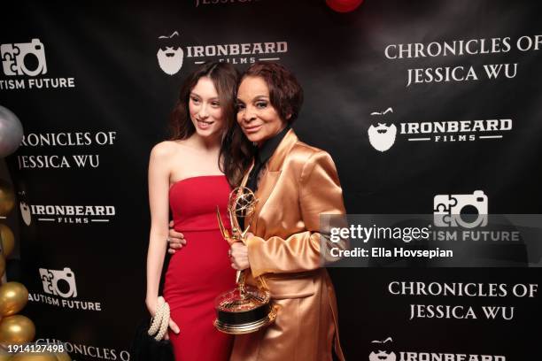 Jennifer Michele and Jasmine Guy celebrate Jasmine Guy's Emmy win on the red carpet at The Bixby + Barlow Building on January 06, 2024 in Los...