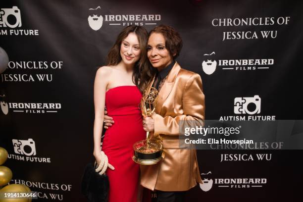Jennifer Michele and Jasmine Guy celebrate Jasmine Guy's Emmy win on the red carpet at The Bixby + Barlow Building on January 06, 2024 in Los...