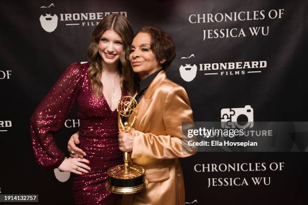 Alexa Reddy and Jasmine Guy celebrate Jasmine Guy's Emmy win on the red carpet at The Bixby + Barlow Building on January 06, 2024 in Los Angeles,...