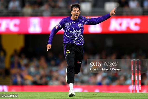 Paddy Dooley of the Hurricanes celebrates dismissing Colin Munro of the Heat during the BBL match between Brisbane Heat and Hobart Hurricanes at The...
