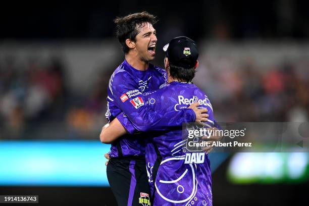 Paddy Dooley of the Hurricanes celebrates with Tim David after Tim David caught out Colin Munro of the Heat during the BBL match between Brisbane...