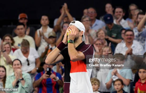 Grigor Dimitrov of Bulgaria celebrates victory after the Men’s Final match against Holger Rune of Denmark during day eight of the 2024 Brisbane...