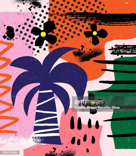 nature inspired abstract digital collage art, tropical palm tree and flowers with brushes, ink stain and smudges, grainy texture. wall art - dot pattern palm tree stock illustrations