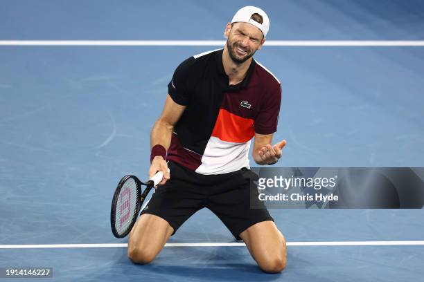 Grigor Dimitrov of Bulgaria celebrates match point in his final match against Holger Rune of Denmark during day eight of the 2024 Brisbane...