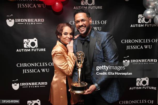 Jasmine Guy and Zane Hubbard celebrate Jasmine Guy's Emmy win on the red carpet at The Bixby + Barlow Building on January 06, 2024 in Los Angeles,...